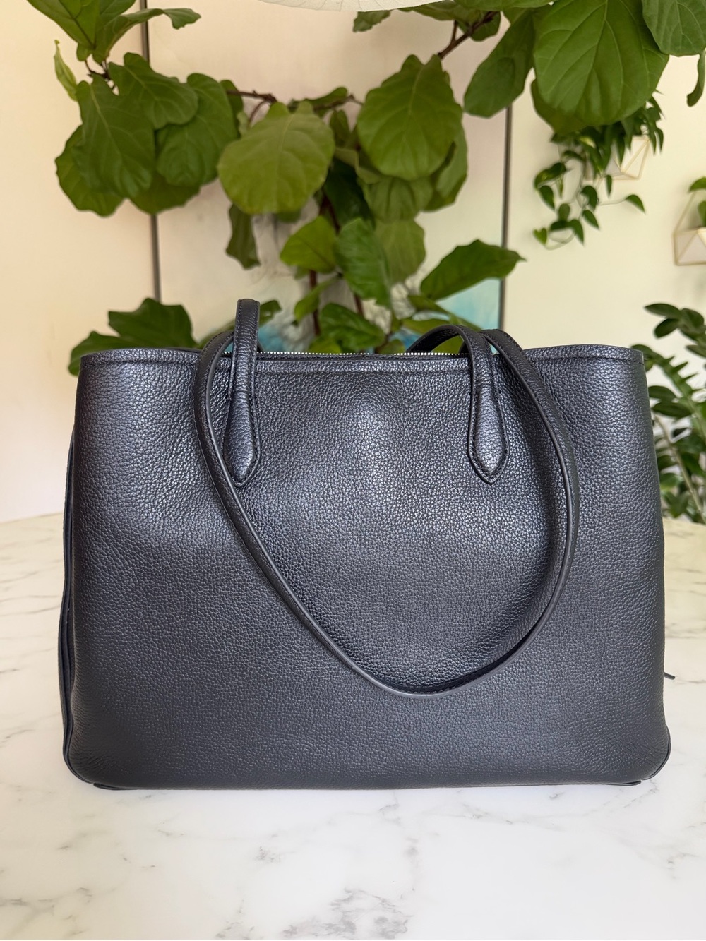 Quince Italian Leather Triple Compartment Work Tote Black Laptop Shoulder Bag - Picture 3 of 14